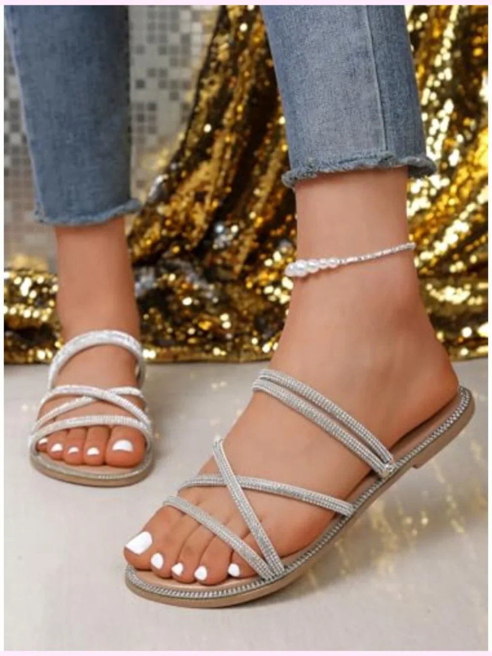 Glitter Rhinestone Flat Criss Cross Strappy Sandals Slip On Open Toe Slippers